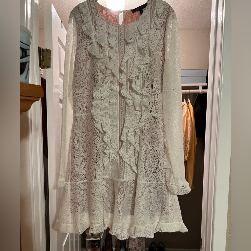 BCBGMAXAZRIA White Lace Ruffle Dress